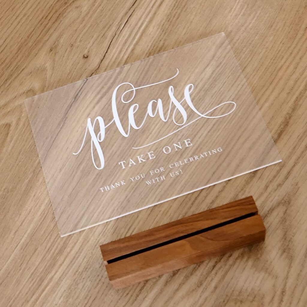 Acrylic Favors Sign with Wood Stand- 5” x 7 Clear Acrylic Please Take One Favors Sign | Table Decoration Signs with Holder for Wedding Reception  Event Party Table Centerpiece Decoration