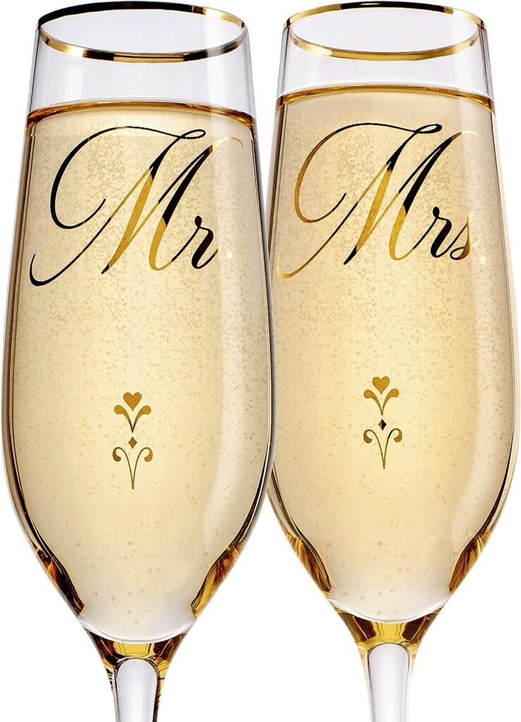 Bride and Groom Champagne Glasses (8 oz), Gold Print Mr and Mrs Glasses for Wedding Glasses and Toasting Flutes, Bridal Shower Gifts, Engagement Gift, Comes with Gift Box and Note Card