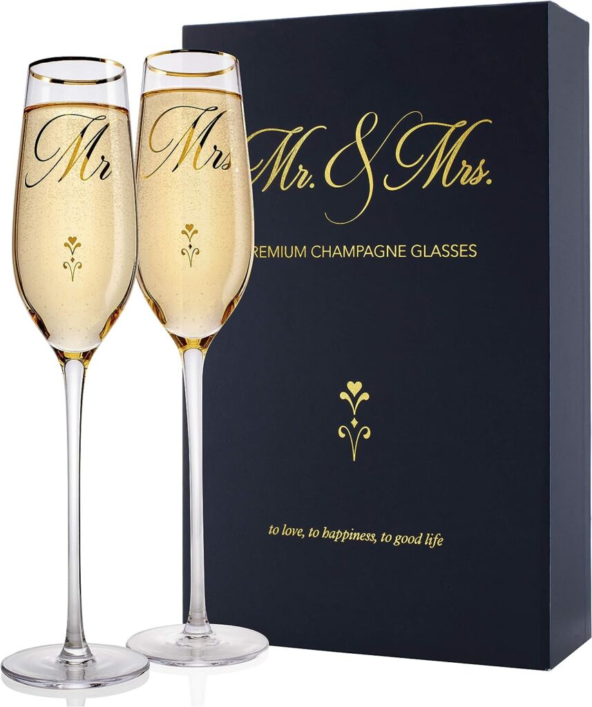 Bride and Groom Champagne Glasses (8 oz), Gold Print Mr and Mrs Glasses for Wedding Glasses and Toasting Flutes, Bridal Shower Gifts, Engagement Gift, Comes with Gift Box and Note Card