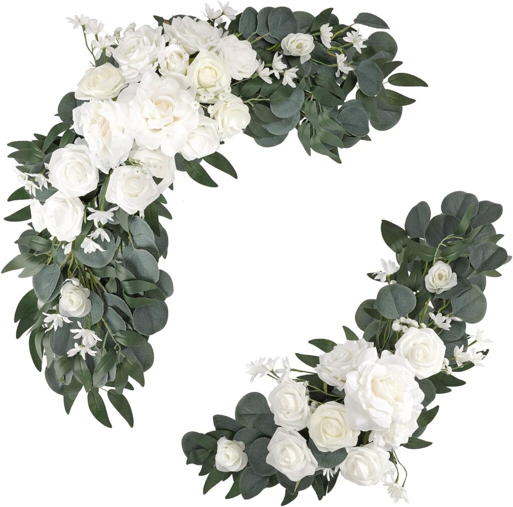 COCOBOO Artificial Flower Swag Wedding Arch Decor 2pcs Rose Flower Swag Arrangements for Wedding Reception Backdrop Table Decorations Welcome Sign (White)
