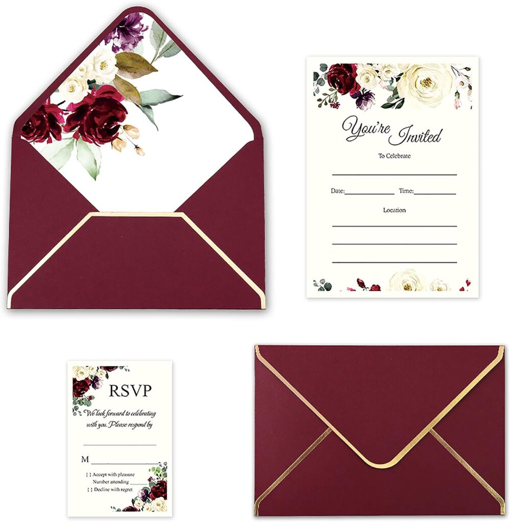 DORIS HOME 25pcs Burgundy Fill-in Invitations Cards with Burgundy Rose and Envelope with Gold Border for Wedding,Engagement Invite