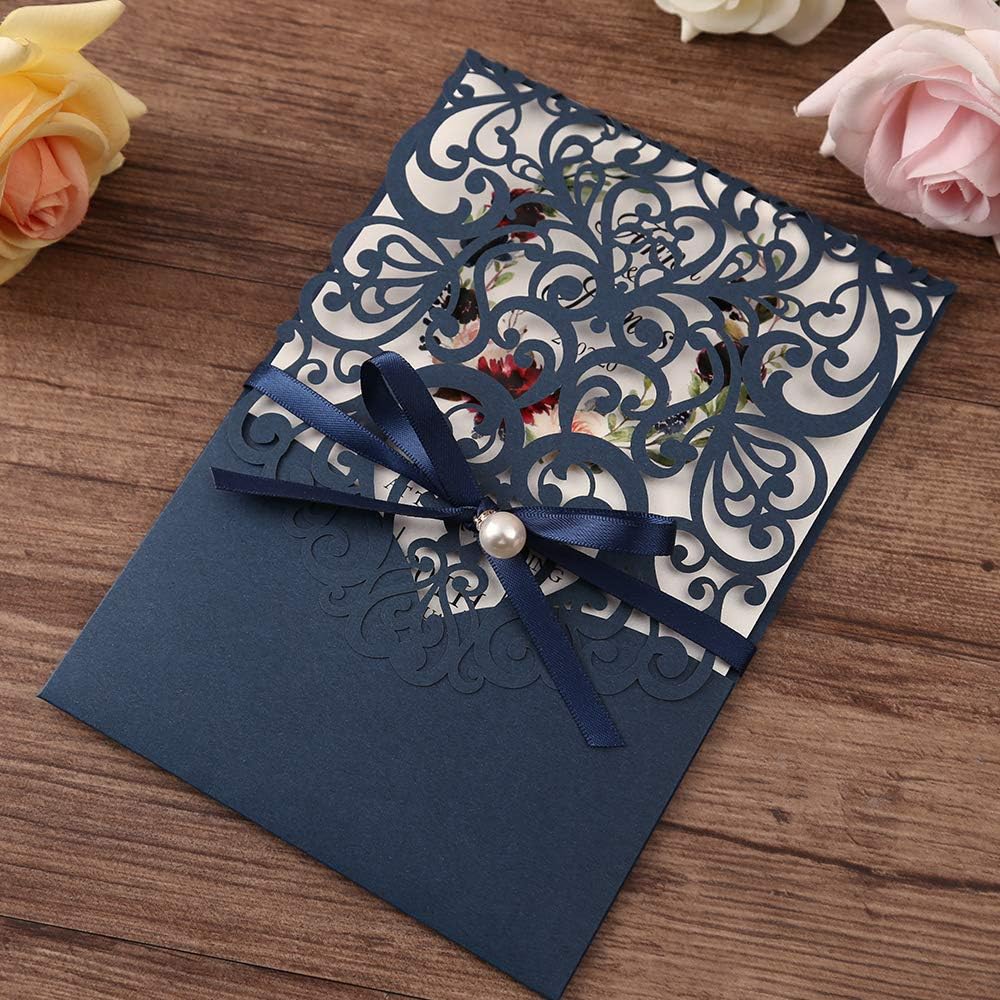 DreamBuilt 5X7.2 Inch 50PCS Blank Laser Cut Navy Blue Wedding Invitations With Rsvp Cards And Envelopes And Ribbon Belly Band Pearl Embellishments Wedding Invitation Cards For Wedding Invite