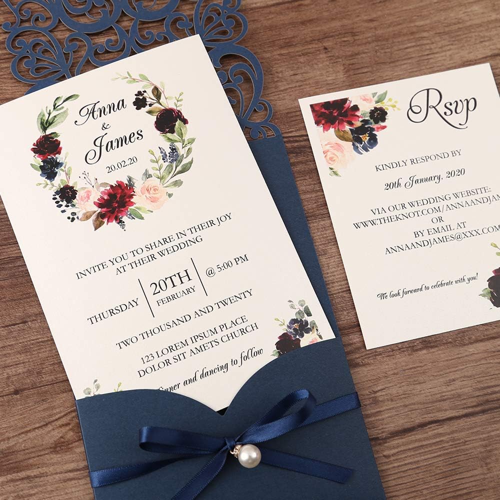 DreamBuilt 5X7.2 Inch 50PCS Blank Laser Cut Navy Blue Wedding Invitations With Rsvp Cards And Envelopes And Ribbon Belly Band Pearl Embellishments Wedding Invitation Cards For Wedding Invite