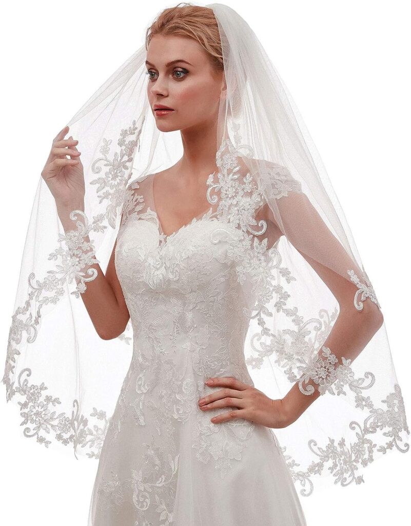 EllieHouse Womens Short 2 Tier Lace Wedding Bridal Veil With Comb L24