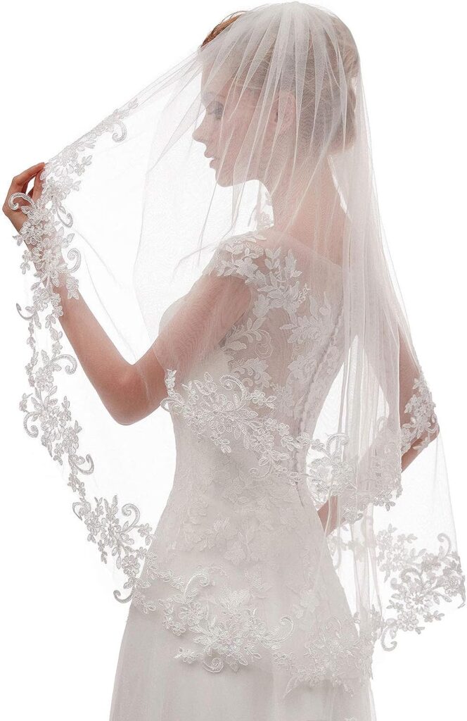 EllieHouse Womens Short 2 Tier Lace Wedding Bridal Veil With Comb L24