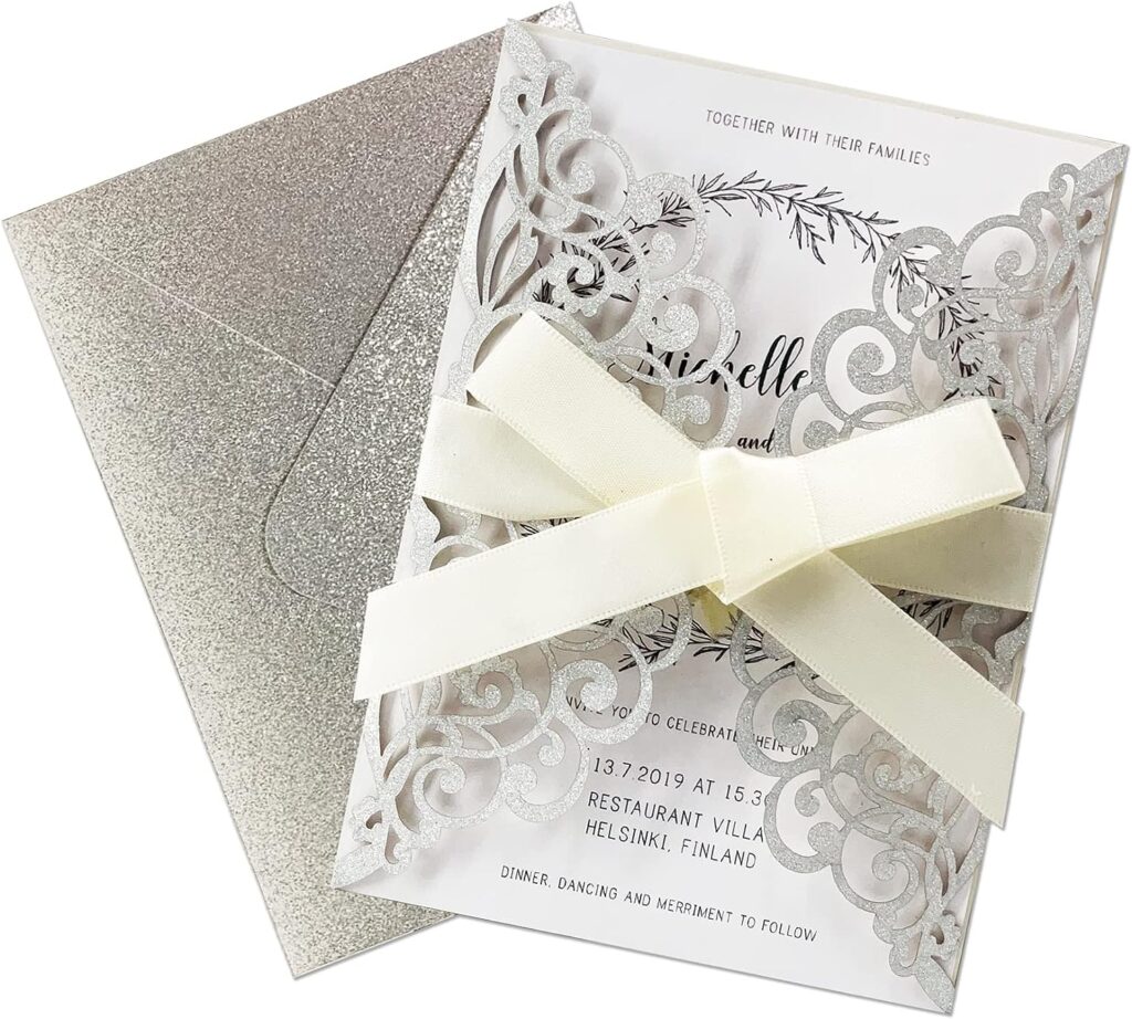 Fashmade 50Pcs Laser Cut Wedding Invitation With Glitter Envelopes And Ribbons Blank Personalized Card Invitaciones Para quinceañera Birthday Baby Shower Christmas Party Bridal Shower (Silver)
