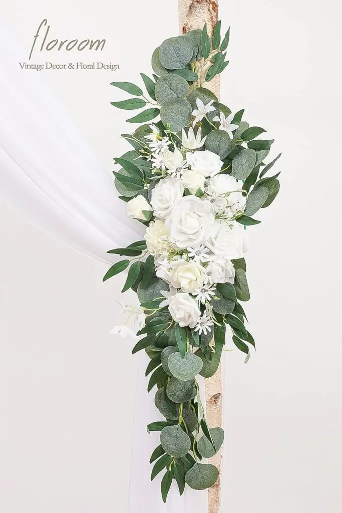 Floroom Arch Flowers with Drapes Kit (Pack of 4) - 2pcs Artificial Ivory  White Floral Swag Arrangement with 2pcs Draping Fabric for Wedding Ceremony Arbor and Reception Backdrop Decoration