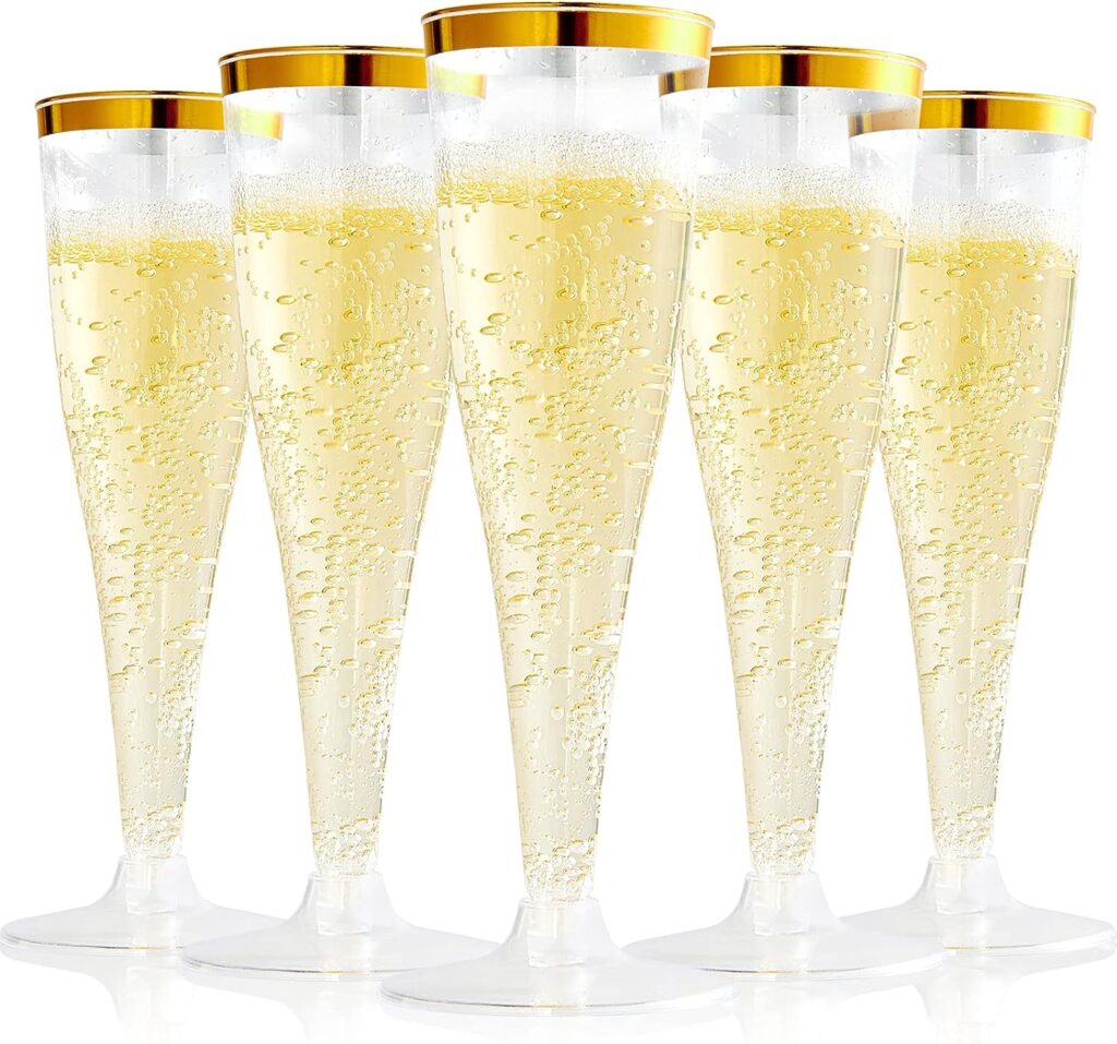 FOCUSLINE 100 Pack Plastic Champagne Flutes, 4.5 Oz Gold Rim Glasses, Disposable Clear Toasting Glasses Recyclable Cups for Wedding Party