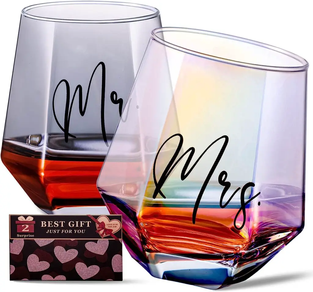 FONDBLOU Wine Glasses Gifts for Mr and Mrs, Wedding Gifts for Bride and Groom, Gifts for Bridal Shower Newlywed Engagement and Anniversary, Couples Gifts for Husband  Wife(12oz*2 Glass)