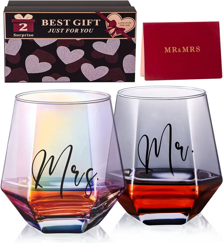 FONDBLOU Wine Glasses Gifts for Mr and Mrs, Wedding Gifts for Bride and Groom, Gifts for Bridal Shower Newlywed Engagement and Anniversary, Couples Gifts for Husband  Wife(12oz*2 Glass)
