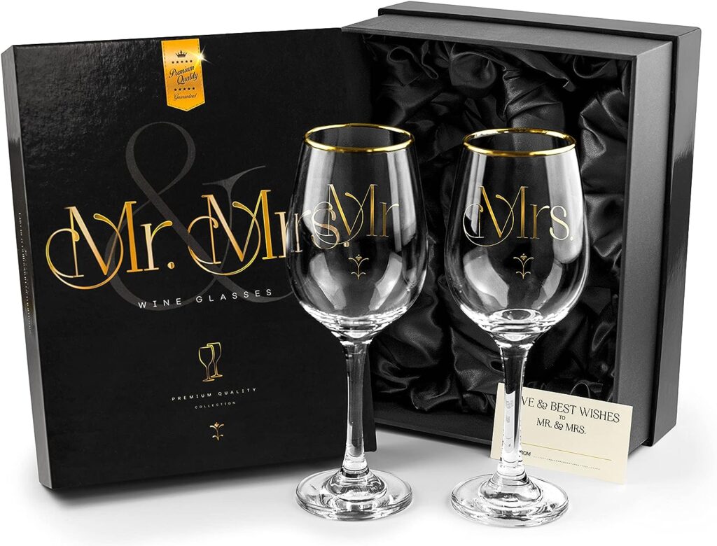 Luxury Mr Mrs Wine Glasses Set for Couple | Unique Wedding Gift for Bride and Groom, Bridal Shower, His Hers Engagement, Anniversary, Newlyweds