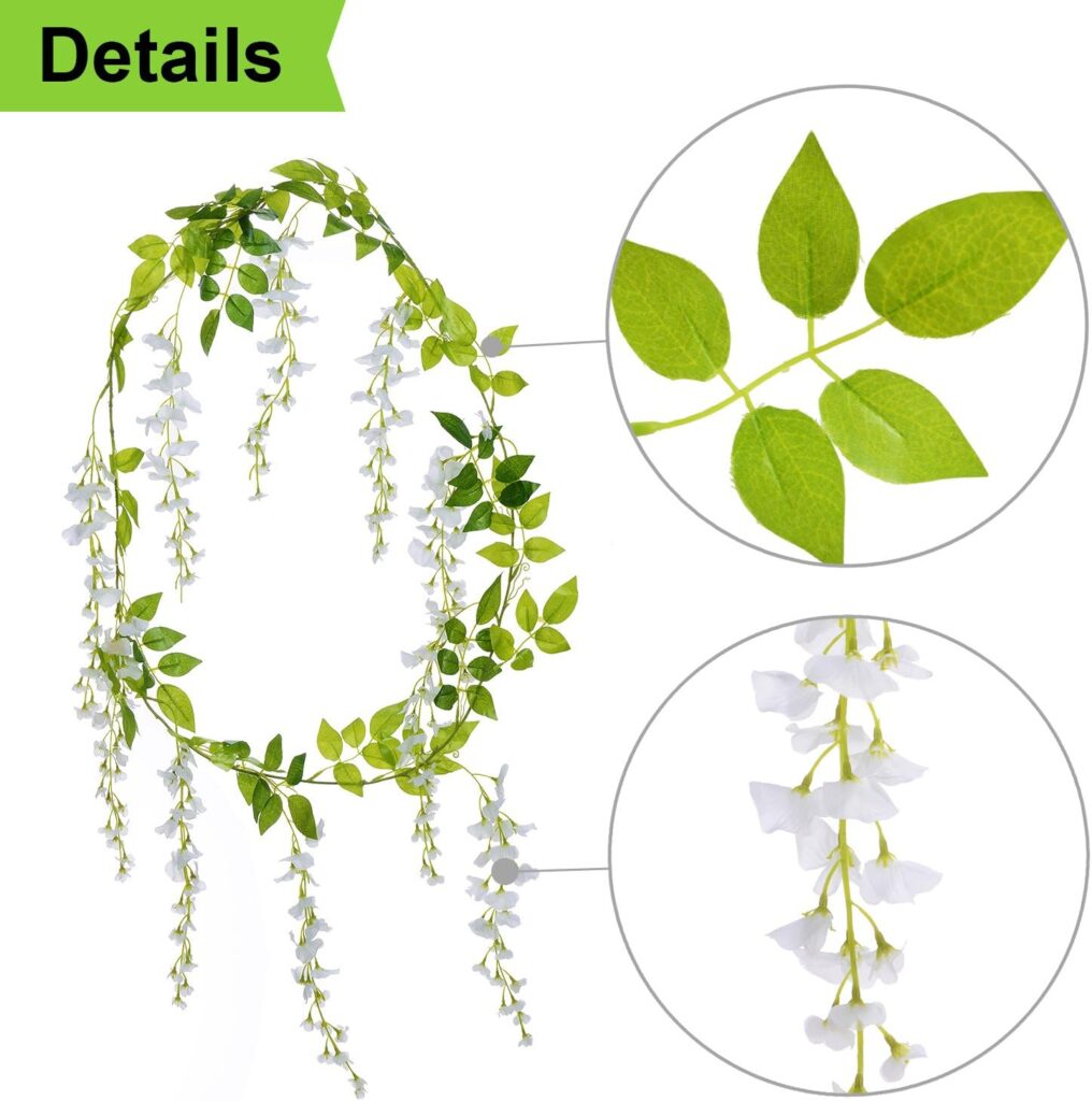 Lvydec Wisteria Artificial Flowers Garland, 4Pcs Total 28.8ft White Artificial Wisteria Vine Silk Hanging Flower for Home Garden Outdoor Ceremony Wedding Arch Floral Decor