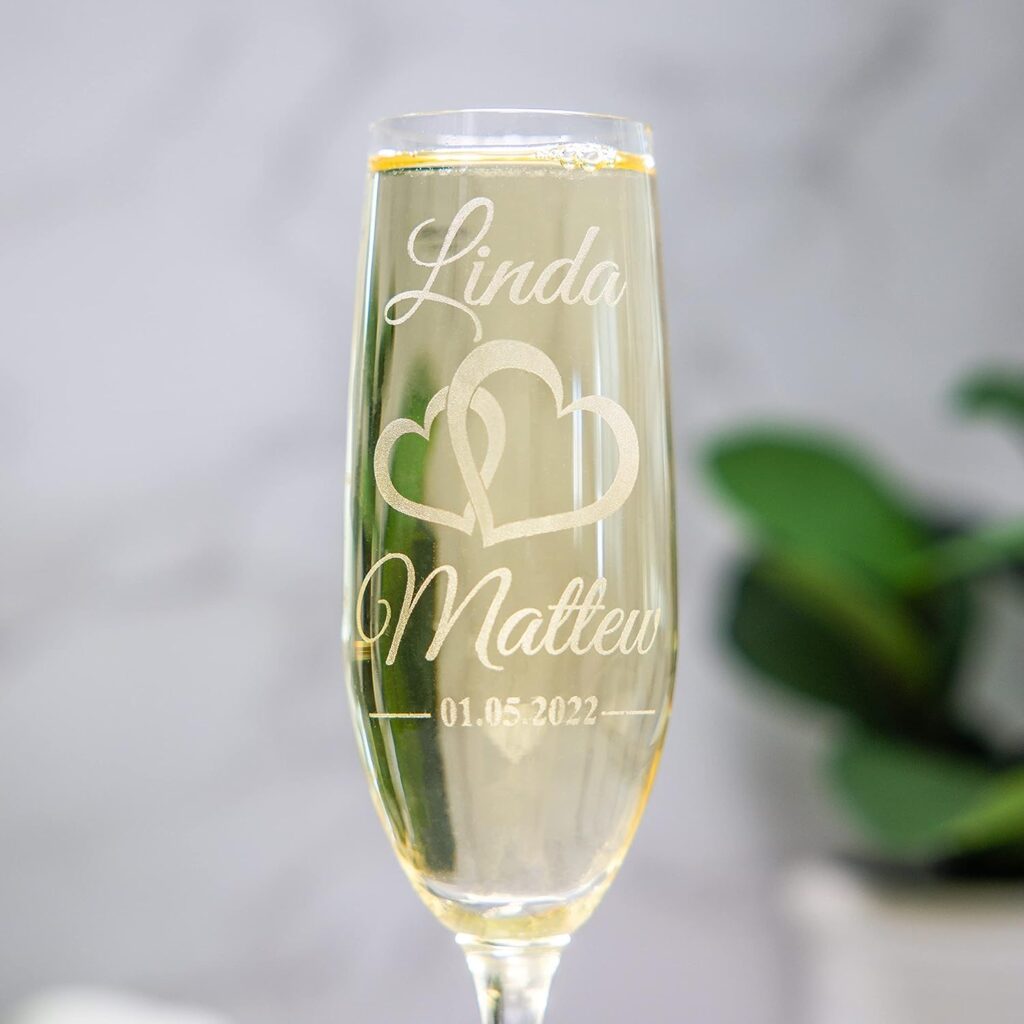 Personalized Champagne Glasses Set of 2 - Engraved Wedding Champagne Flutes - Custom Bride and Groom Gift for marriage, bridal party, engagement