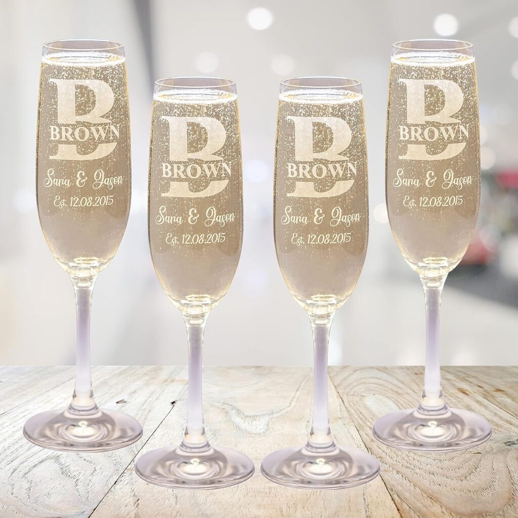 Personalized Champagne Glasses Set of 2 - Engraved Wedding Champagne Flutes - Custom Bride and Groom Gift for marriage, bridal party, engagement