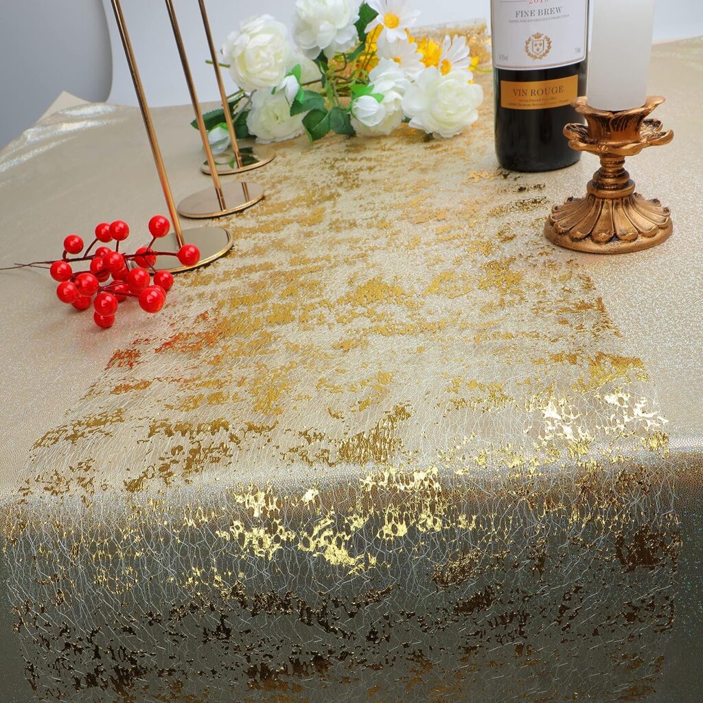 Snowkingdom 2 Pieces Gold Table Runner, Sequin Glitter Foil Metallic Gold Thin Mesh Table Runner Roll 11x108, Gold Table Decorations for Event Party, Wedding, Birthday Party , Christmas