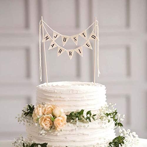 Wedding Cake Topper,Vintage Affair Rustic Just Married Wedding Cake or Cheese Bunting,Handmade Pennant Flags with Wood Pole Ivory(White)