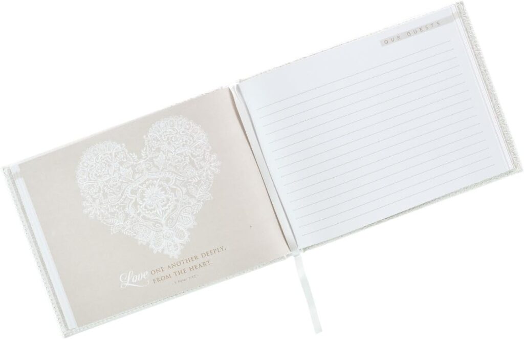 Wedding Guest Book - Mr. and Mrs. Our Wedding - Lacey White Faux Leather w/Inspirational Quotes Scripture - Visitor Register Sign-in Book for Events
