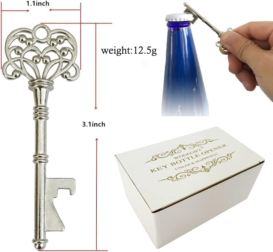 WODEGIFT 100 PCS Wedding Favors Bottle Opener,Wedding Gifts for Guest Vintage Skeleton Key Opener,Key Openers with Escort Tag Cards and Chains (Silver)