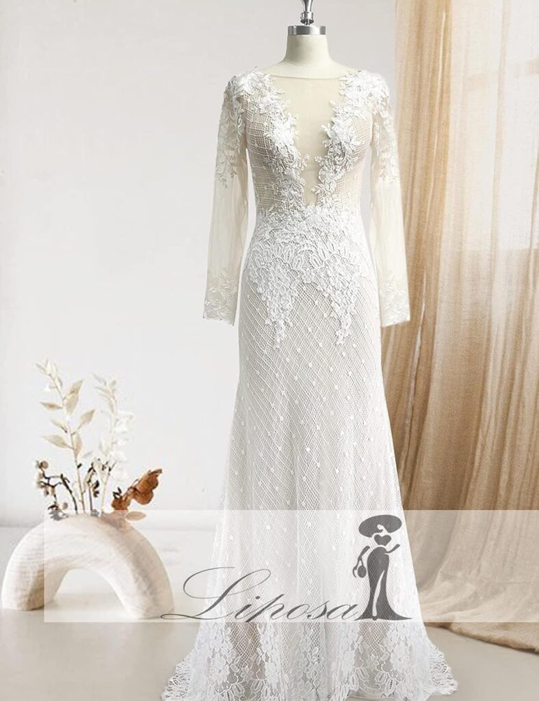 Womens Rustic Sheath Lace Wedding Dress Long Sleeves V Neck Backless Floral Pattern Appliqued Beaded Bridal Gowns