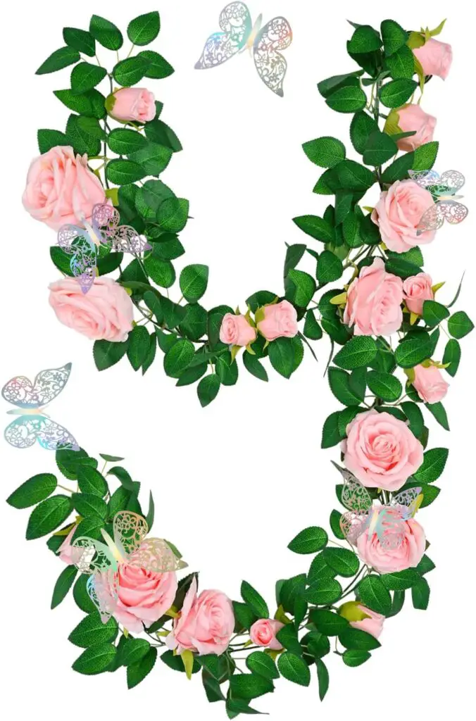 Yastouay 2Pcs 13.5Ft Pink Flower Garland with 3D Butterfly, Artificial Rose Vines Floral Garland Fake Silk Flower Vines for Backdrop Wedding Decorations Table Centerpiece Baby Shower Room Decor