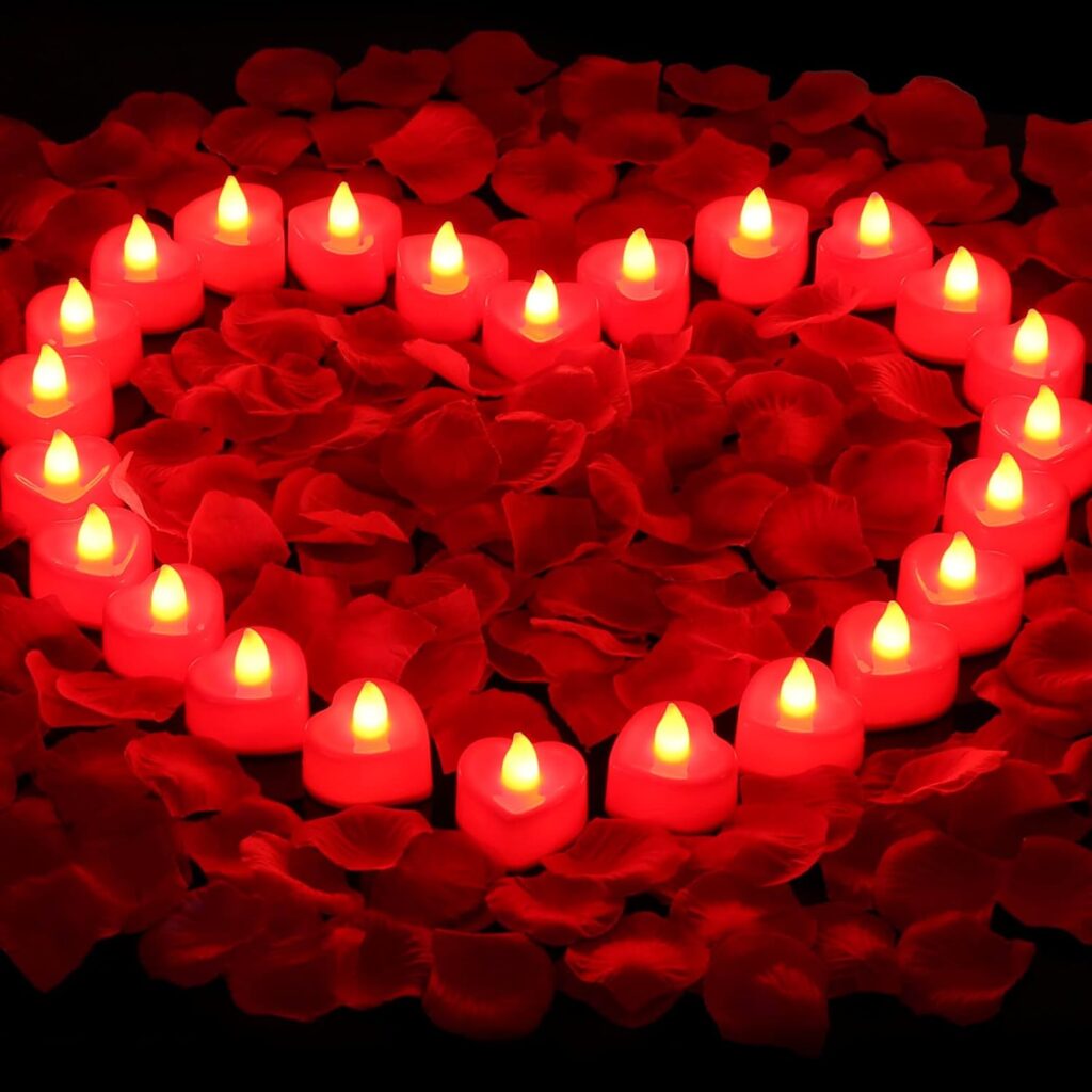 cridoz 2000 Pieces Artificial Rose Petals with 24 Pieces LED Tea Lights Candles, Romantic Decorations Special Night Set for Valentines Day, Wedding Anniversary or Table Décor
