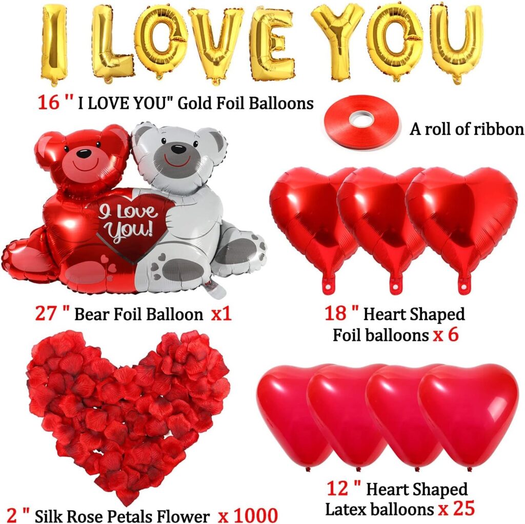 Golray 40 Pack I Love You Balloons and Heart Balloons Kit with 1000 Pcs Dark-Red Silk Rose Petals Wedding Flower Decoration Love-Bear Red Heart Balloons for Valentine Day Party Decorations