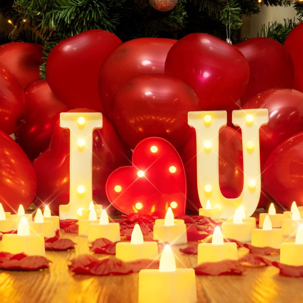 Homemory I Love U Light Up Letters Proposal Decorations, I Love U Sign with 24Pcs Flameless Candles 1000Pcs Red Fake Rose Petals 30Pcs Red Balloons for Valentines Day Wedding Proposal Romantic Night