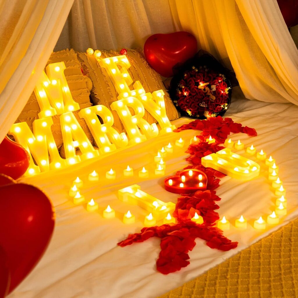 Homemory I Love U Light Up Letters Proposal Decorations, I Love U Sign with 24Pcs Flameless Candles 1000Pcs Red Fake Rose Petals 30Pcs Red Balloons for Valentines Day Wedding Proposal Romantic Night