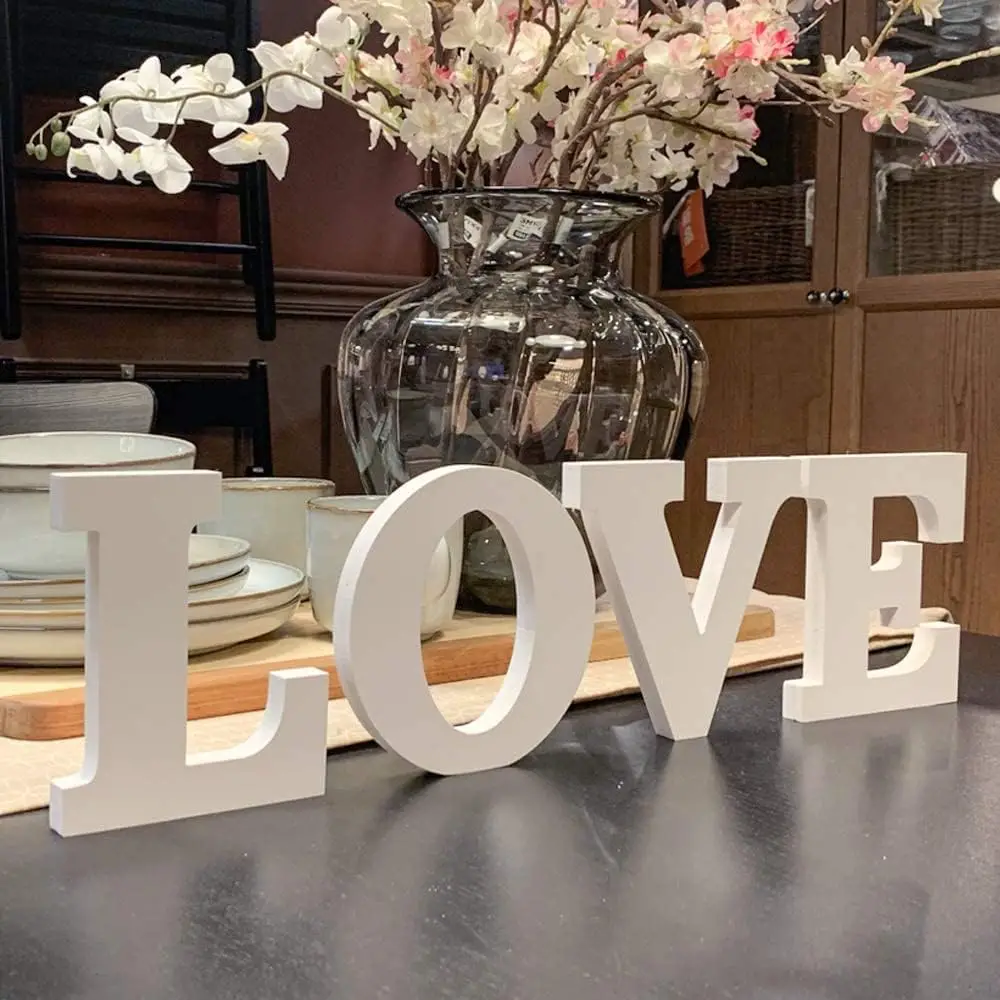 Ivenf Valentines Day Decor Love Wooden Table Sign 4pcs, White Valentines Day Decorations for The Home Table Decor Valentine Gifts, for Wedding Anniversary Party Supplies Tiered Tray Decor