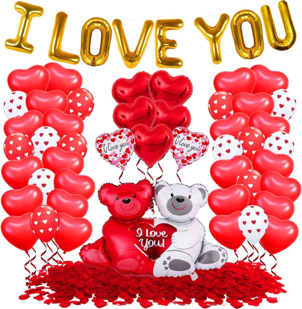 KatchOn, I Love You Balloons Set - Large, Pack of 54 | Pack of 2000 Rose Petals For Romantic Night For Her Set | Red Heart Balloons for Valentines Decorations | Romantic Decorations Special Night
