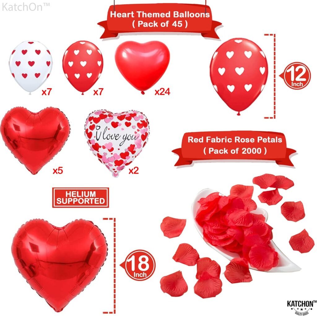 KatchOn, I Love You Balloons Set - Large, Pack of 54 | Pack of 2000 Rose Petals For Romantic Night For Her Set | Red Heart Balloons for Valentines Decorations | Romantic Decorations Special Night