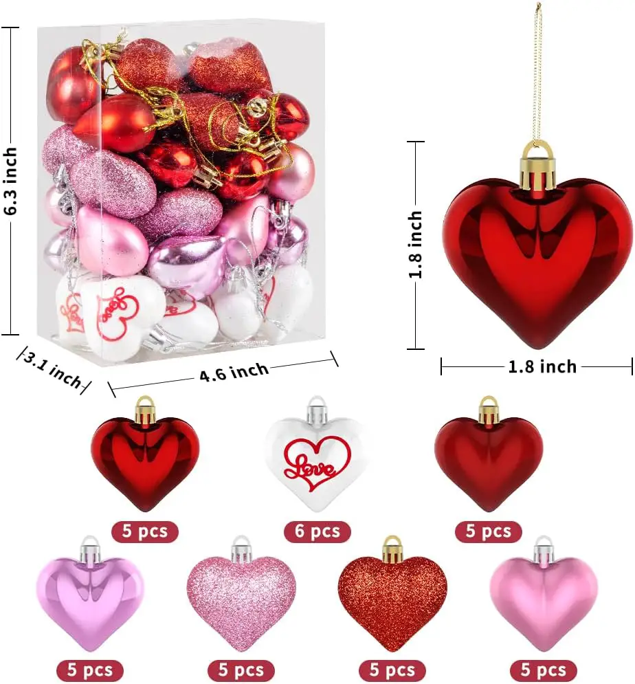 Labeol Valentines Day Decor Heart Ornaments 36 Pcs Heart Shaped Baubles Red Pink White Heart Hanging Decorations for Valentines Day Christmas Wedding Anniversary