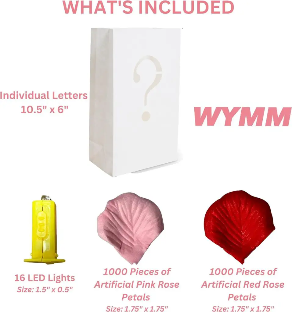 WYMM I Love You Light Up Letters with LED Lights and Roses. Luminary Paper Bags for Wedding Proposals, Anniversary Decorations and Romantic Celebrations.