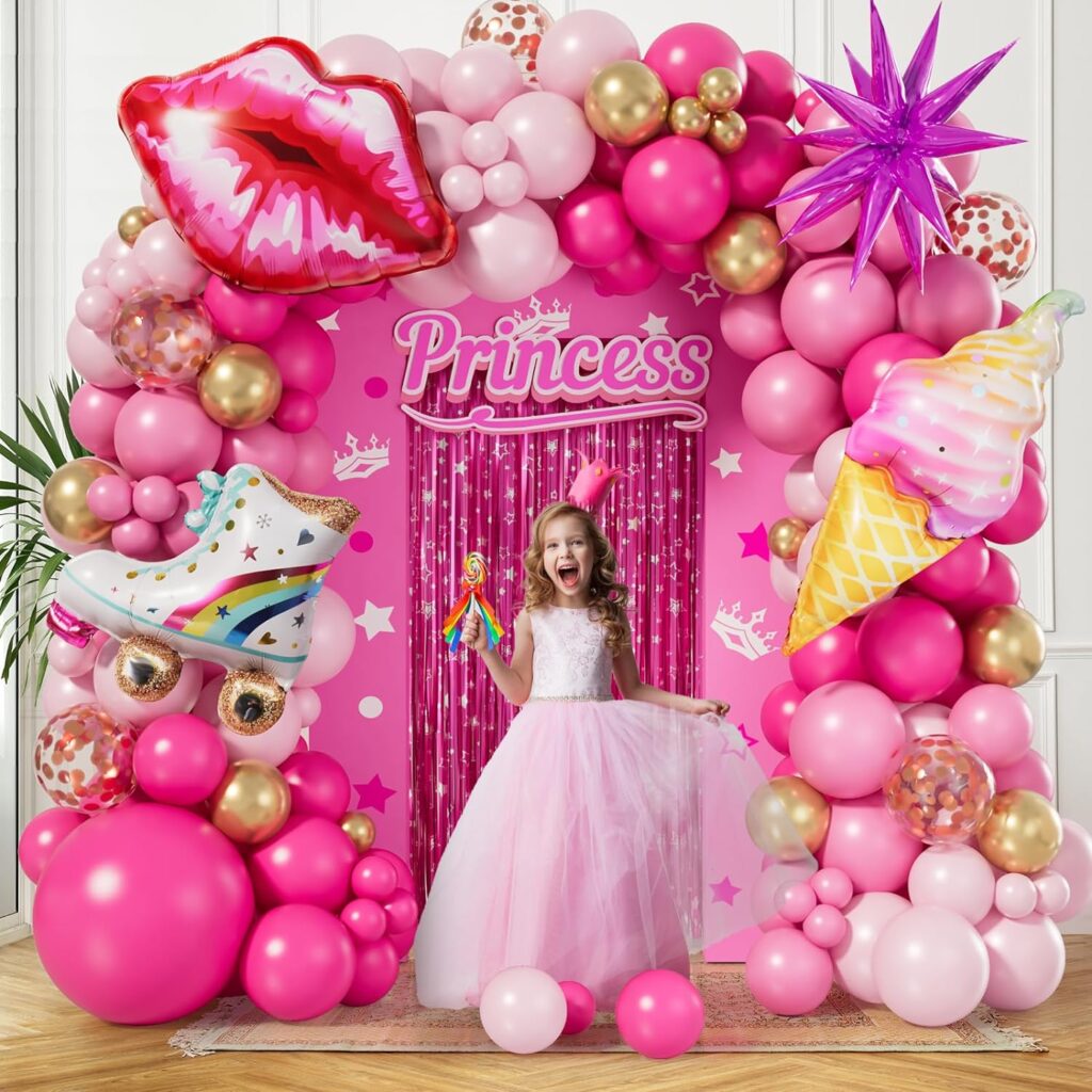 128 Pcs Hot Pink Balloon Arch Kit, Metallic Gold Star Confetti Balloons for Barbie Theme Princess Party Birthday Girl Baby Shower Anniversary Wedding Valentines Day Graduation Decorations