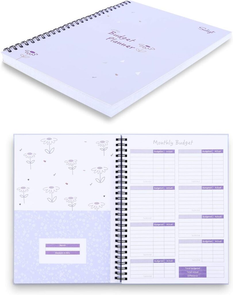 Monthly Budget Planner Book (Undated) with 12 Pockets for Income, Debt, Saving, Expense and Bill Tracker Organizer, Purple, Spiral Design