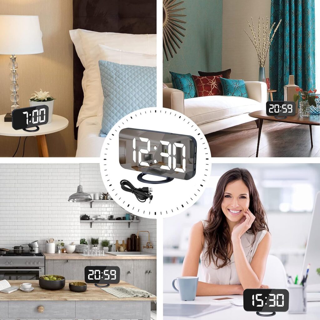 SZELAM Digital Clock Large Display, LED Alarm Electric Clocks Mirror Surface for Makeup with Diming Mode, 3 Levels Brightness, Dual USB Ports Modern Decoration for Home Bedroom Decor-Black