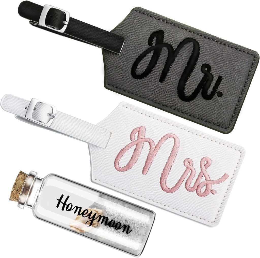 2 Pieces Mr and Mrs Luggage Tags Bridal Luggage Tags Wedding Luggage Tag with Honeymoon Sand Keepsake Jar Glass Bottle with Cork for Honeymoon Gifts Bridal Shower (Sweet Patterns)