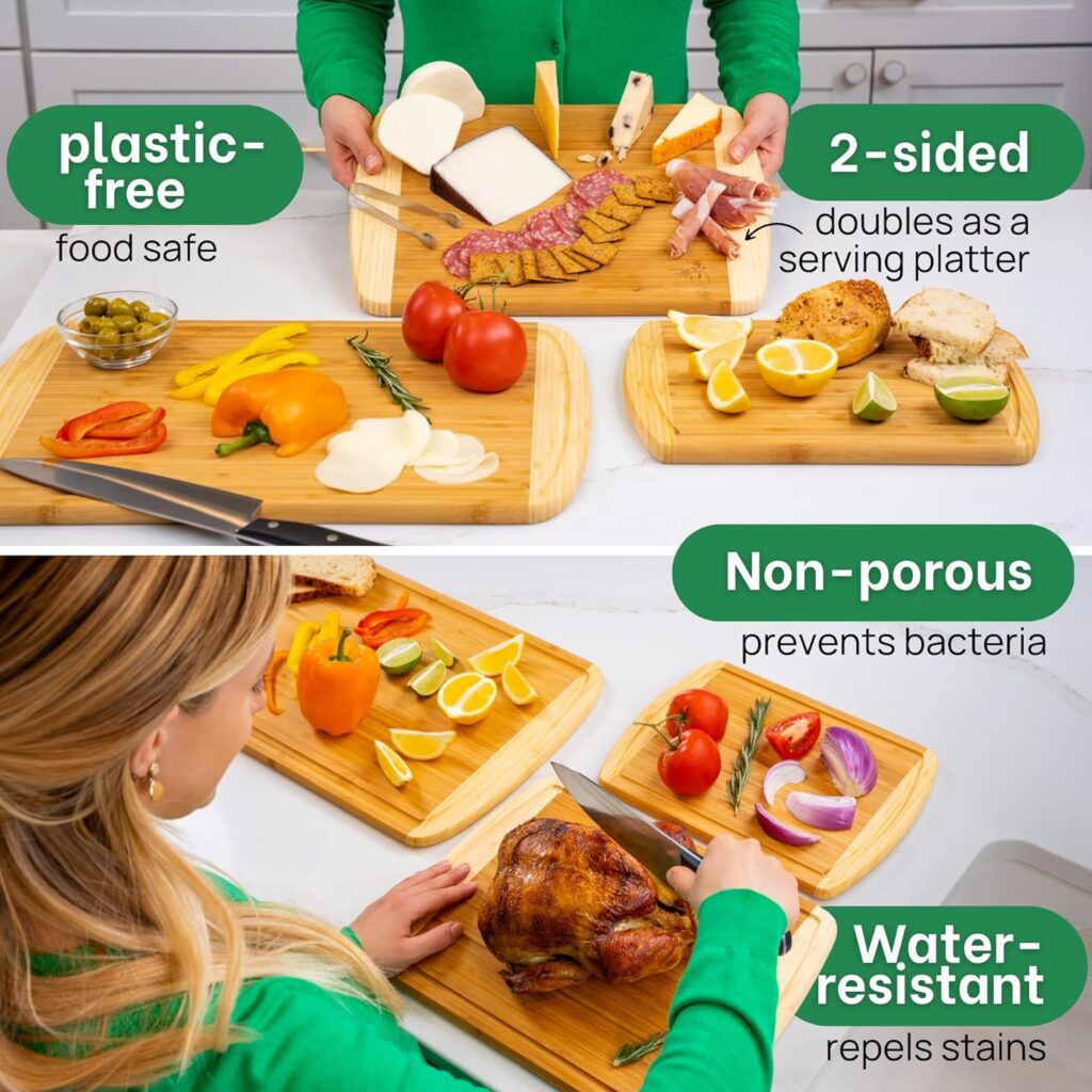 GREENER CHEF Organic Bamboo Cutting Board Set of 3 with Lifetime Replacements - Wood Cutting Board Set with Juice Groove - Wooden Chopping Board Set for Kitchen, Meat, Vegetables and Cheese