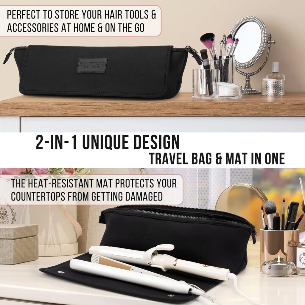 Hair Tools Travel Bag and Heat Resistant Mat for Flat Irons, Straighteners, Curling Iron, and Haircare Accessories, 2-in-1 design, with Interior Pockets, Portable Organizer