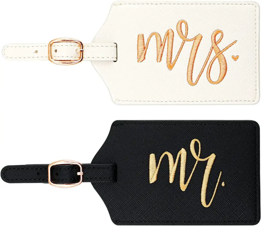 Mr and Mrs Luggage Tags, Bridal Shower Gift Honeymoon Gifts Wedding Gifts for Bride, PU Leather Travel Tags with Name ID Address Card (WhiteBlack)