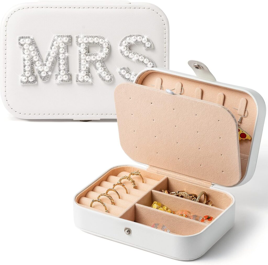 MRS Travel Jewelry Box for Bride Travel Portable Jewelry Case Small Jewelry Organizer Travel Accessories for Women, Bridal Shower Gift Engagement Present, White