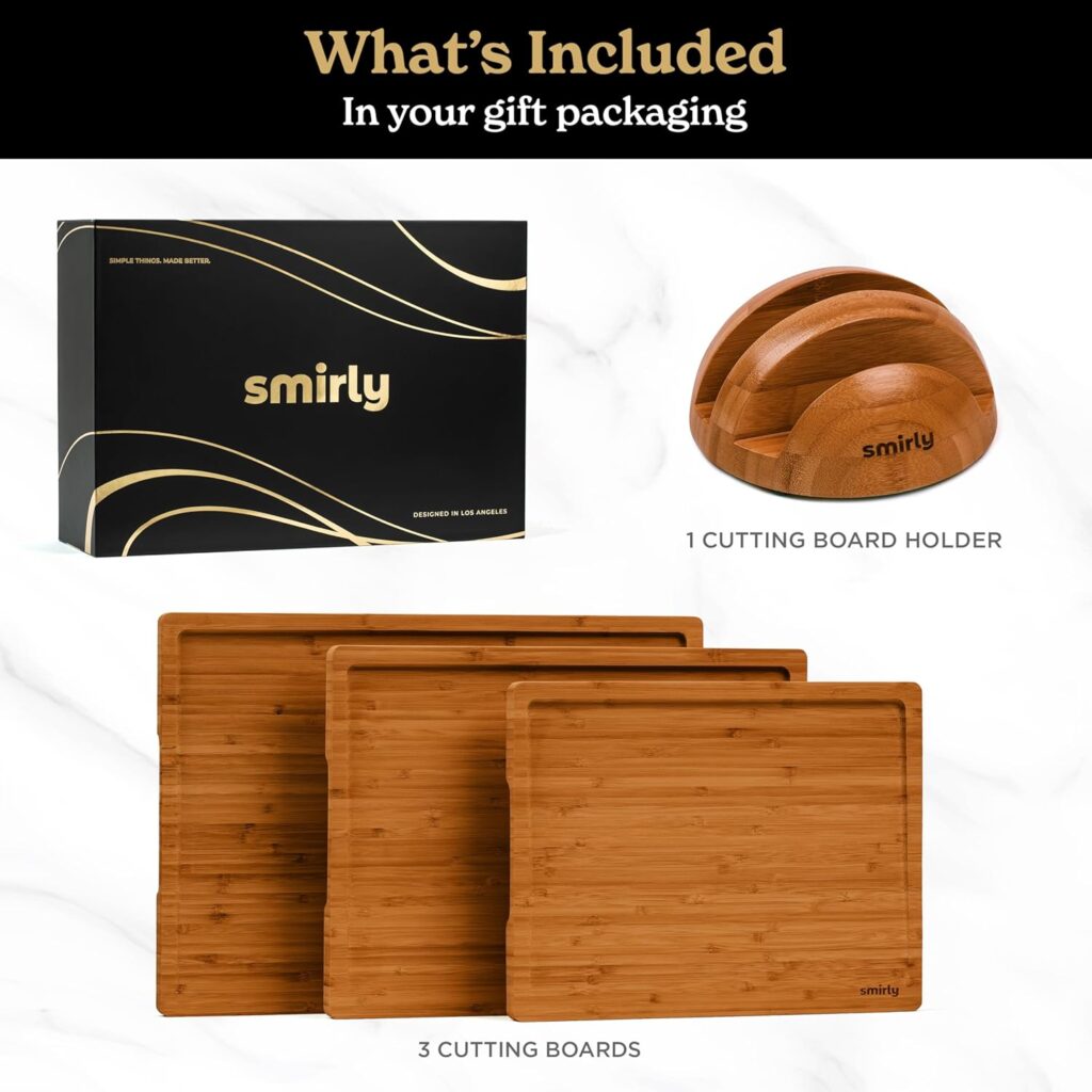 SMIRLY Wood Cutting Boards For Kitchen - Bamboo Cutting Board Set with Holder, Wood Cutting Board Set, Cutting Board Wood, Wooden Chopping Board, Wooden Cutting Board Set