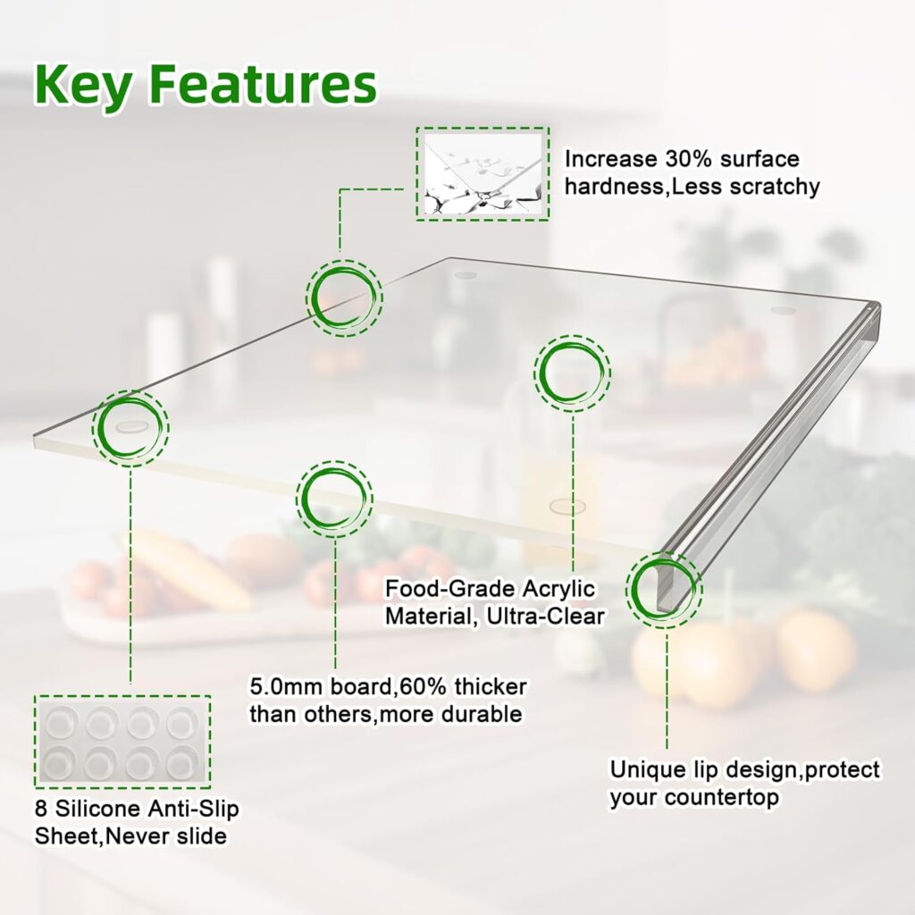SWSKR Acrylic Cutting Board with Counter Lip,17x13 Large Clear Cutting Board for Kitchen Countertop,Non-Slip,60% Thicker,Perfect for Bread,Meat,Veggies  More,Great Kitchen Essential Gadgets  Decor