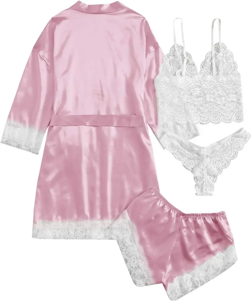 WDIRARA Women Silk Satin Pajamas Set 4pcs Lingerie Floral Lace Cami Sleepwear with Robe