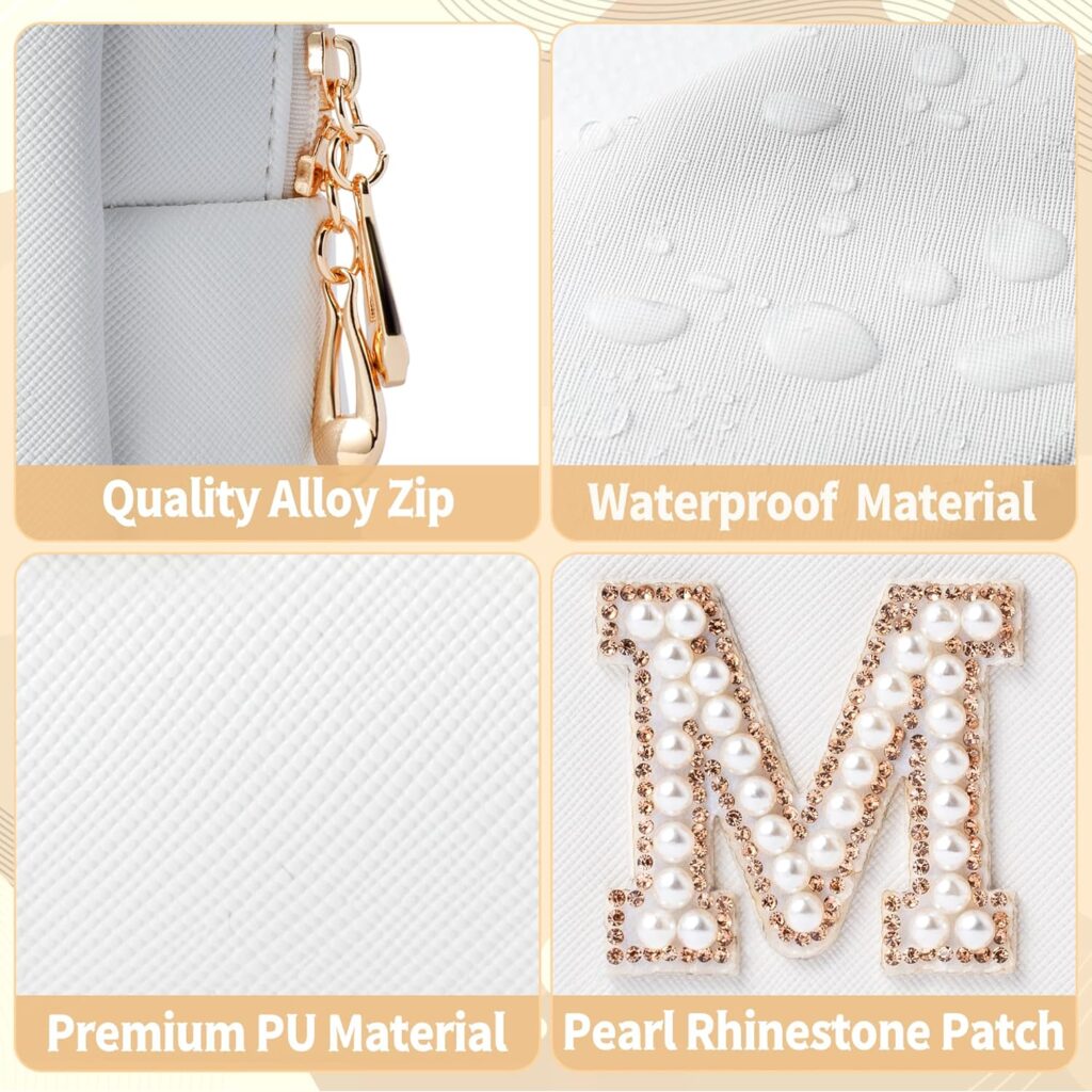 Y1tvei Bling Varsity Letter Makeup Bag - Pearl Rhinestone Patches, PU Leather, Waterproof Zipper Purse for Women